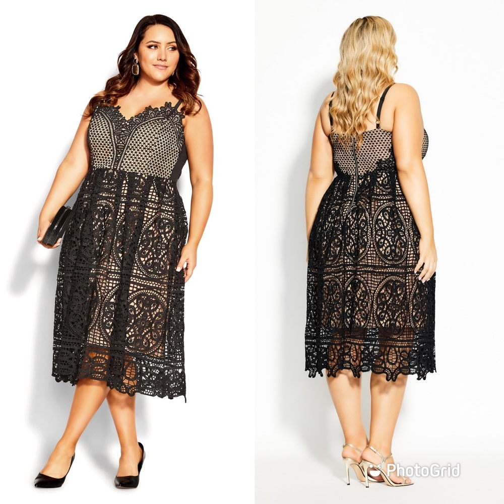 City Chic Black and Cream Lace Midi Dress